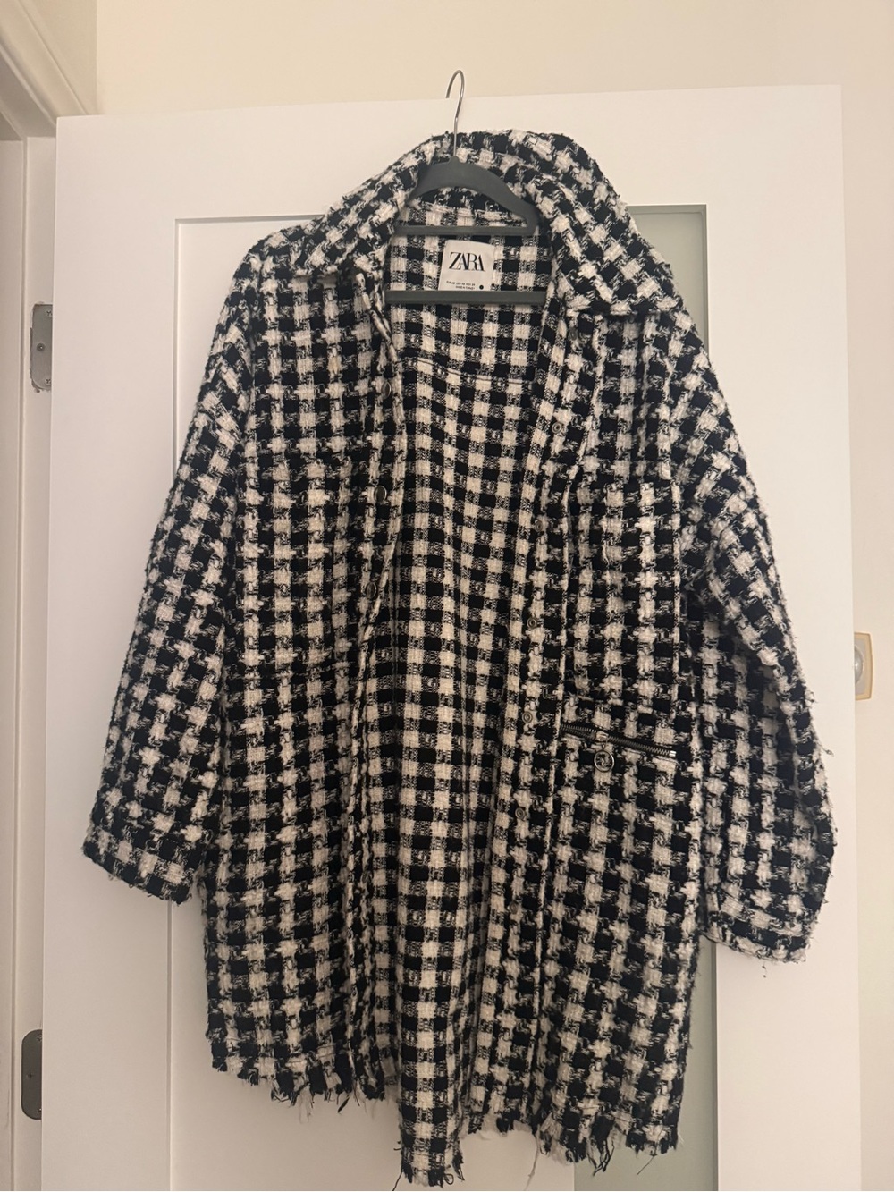 Zara Black & White Checked Tweed Blazer Coat